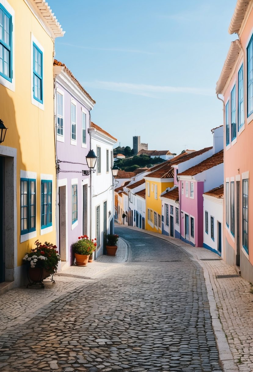 A cozy cobblestone street in Óbidos, Portugal, lined with charming pastel-colored houses and blooming flowers. A peaceful and romantic setting for a honeymoon
