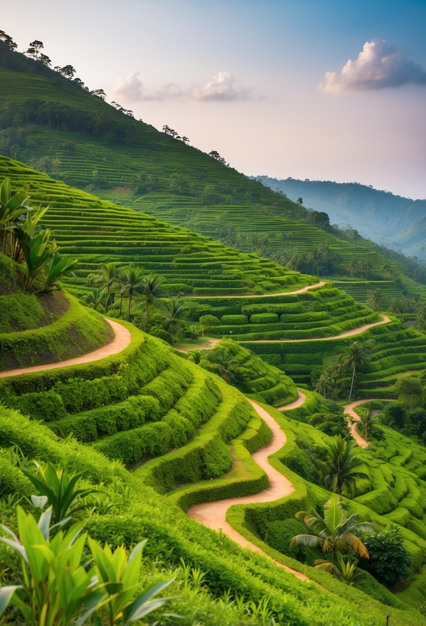 Lush green hills dotted with vibrant spice plants, winding pathways, and a serene atmosphere at Thekkady Spice Plantations in Kerala
