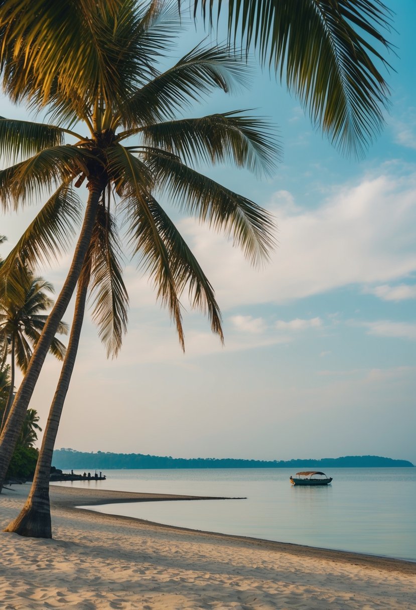 A tranquil beach with palm trees and a serene lagoon at Poovar Island, Kerala