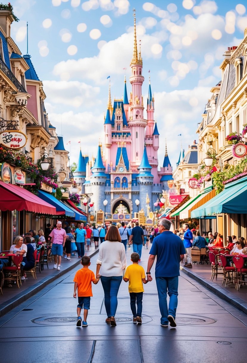 A family walks down Main Street, lined with colorful shops and cafes, in the magical Paris Disneyland. The iconic Sleeping Beauty Castle stands tall in the background, surrounded by cheerful visitors