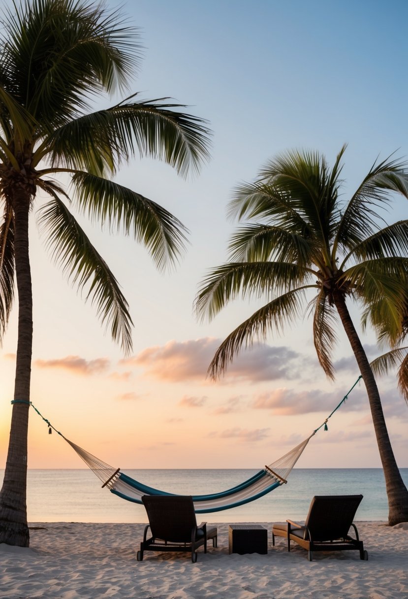 A tranquil beach at sunset, palm trees swaying in the gentle breeze, with a hammock hanging between two trees and a couple of lounging chairs on the sand