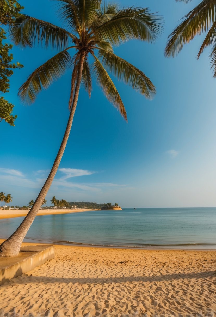 A serene beach at Bekal Fort, with palm trees, golden sand, and a calm sea under a clear blue sky