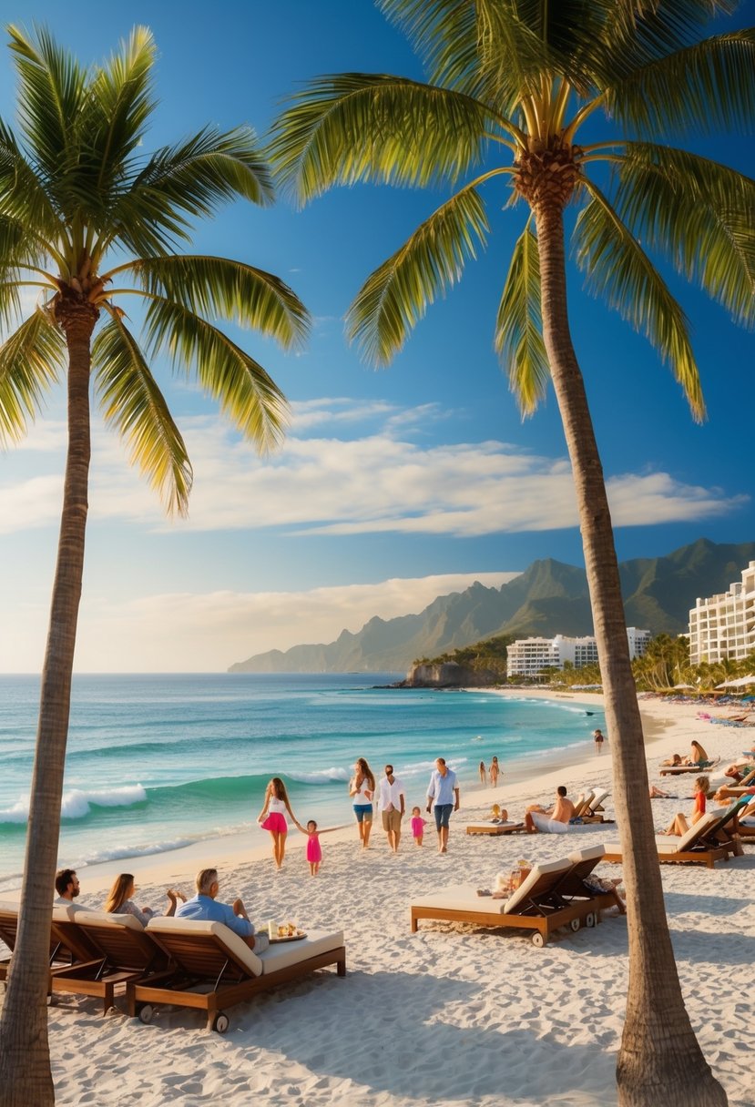 A picturesque beachfront with palm trees and a luxurious resort overlooking the ocean, with families enjoying the sun and sand