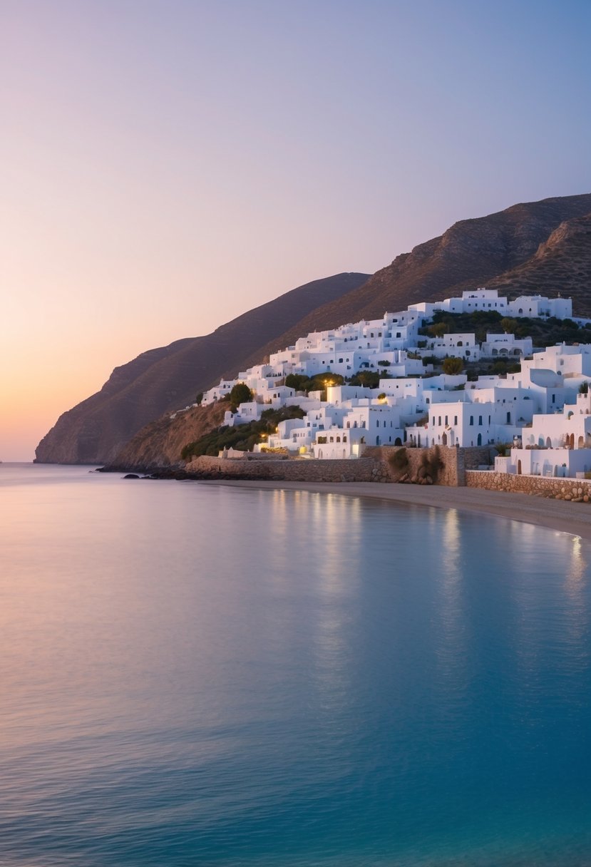 A serene beach at sunset, with whitewashed buildings nestled in the hills of Sifnos, Greece