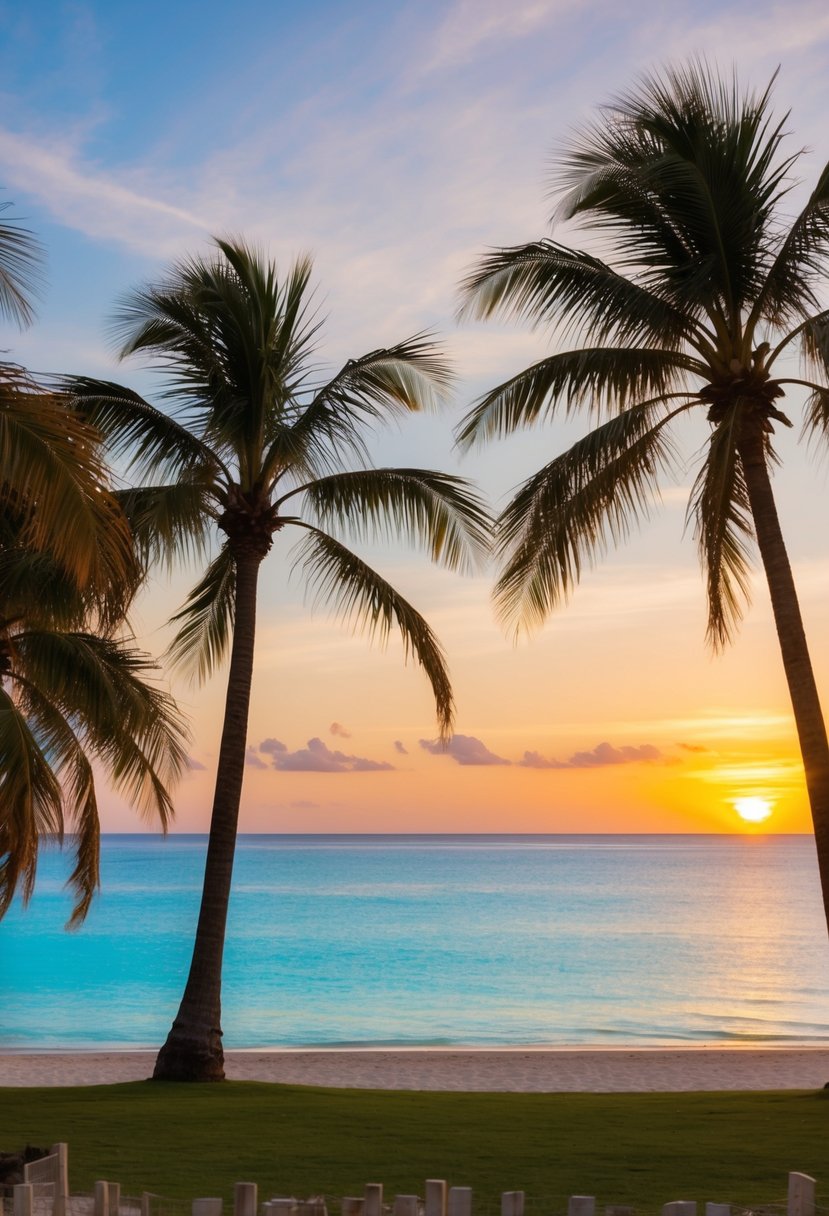 A serene beach with palm trees, clear blue water, and a golden sunset