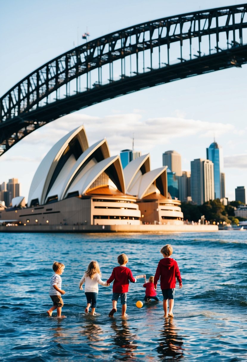 A family explores the iconic Sydney Opera House and Harbour Bridge, with children playing by the water