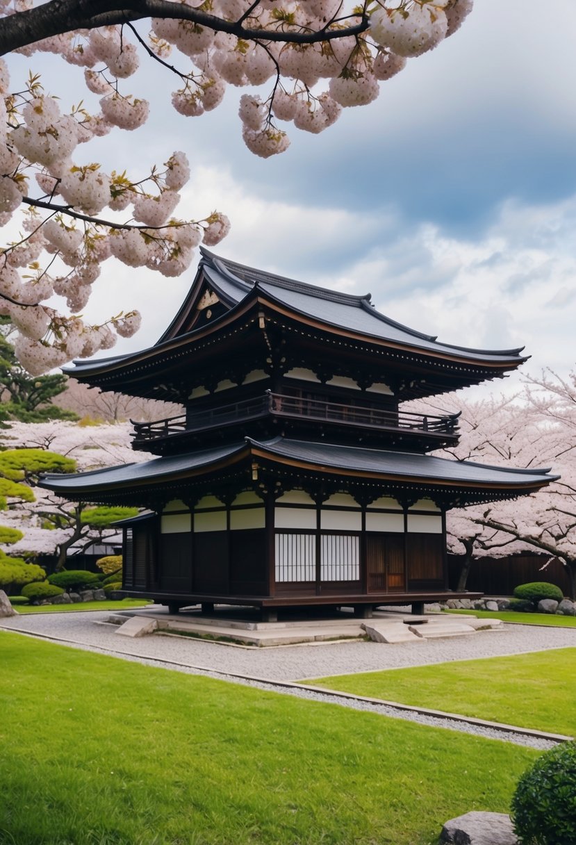 A serene Kyoto garden with a traditional wooden teahouse and blooming cherry blossoms