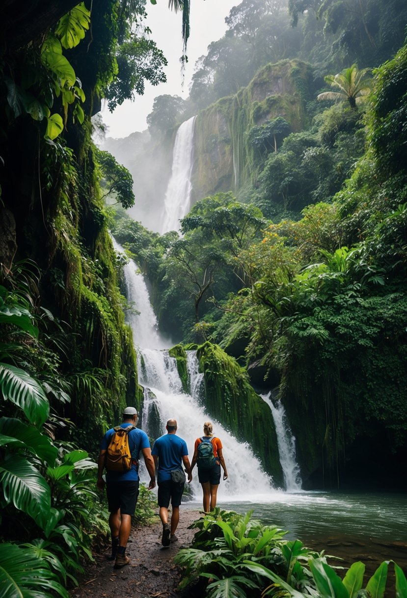A family hiking through lush rainforest, with waterfalls and exotic wildlife, in Costa Rica's adventure honeymoon destination