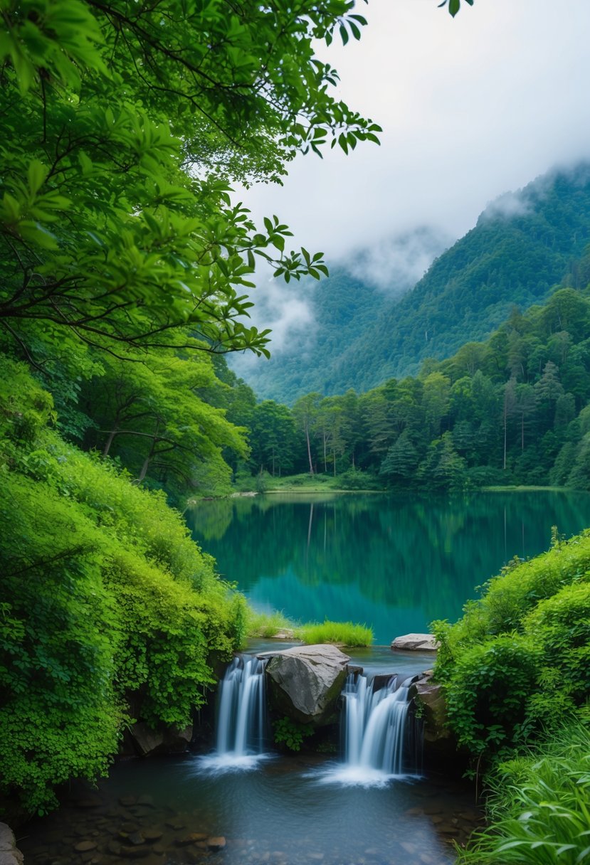 Lush greenery surrounds a serene lake, with misty mountains in the background. A waterfall cascades down the rocks, creating a tranquil atmosphere