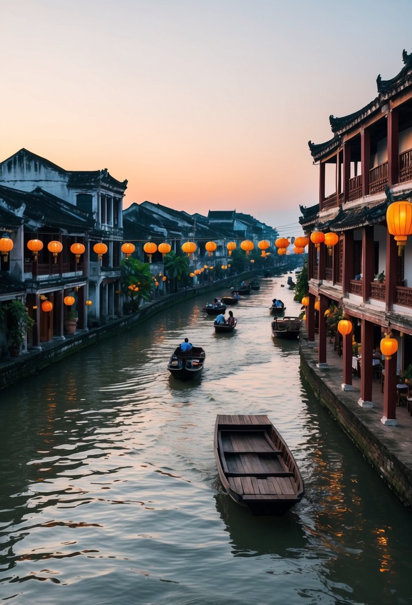 A serene river flowing through Hoi An's ancient town, with lanterns hanging from traditional buildings and boats floating on the water