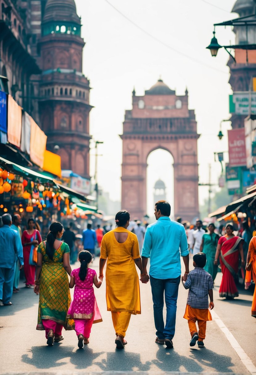 A family strolls along the bustling streets of Mumbai, passing by colorful markets and historic landmarks, with the iconic Gateway of India in the background