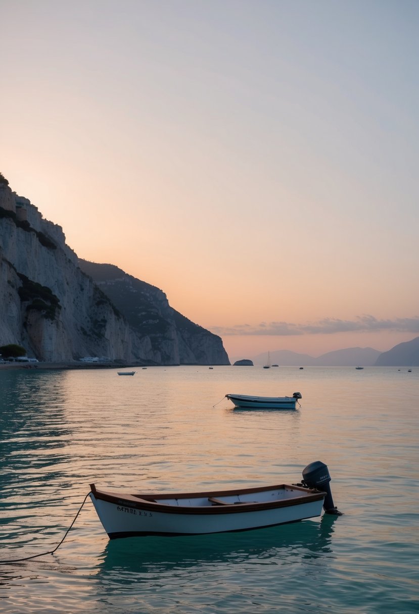 A serene beach at sunset with a backdrop of rocky cliffs and a small boat floating in the calm waters of Capri, Italy