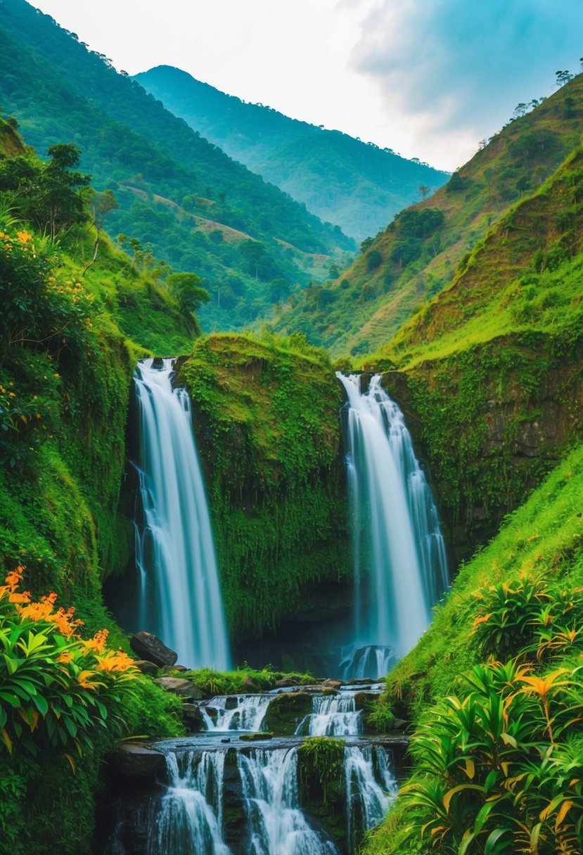 Lush green mountains with cascading waterfalls and colorful flora in Nelliampathi, Kerala