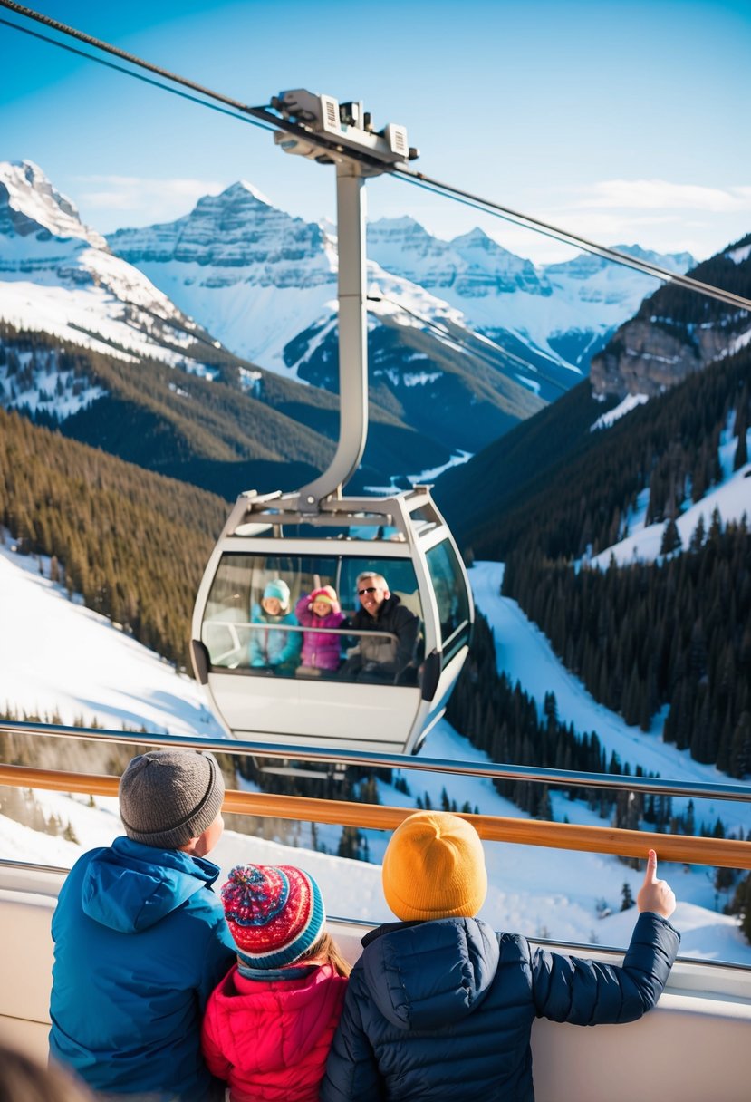A family enjoys a scenic gondola ride over snow-capped mountains in Whistler, Canada, with kids pointing out the stunning views