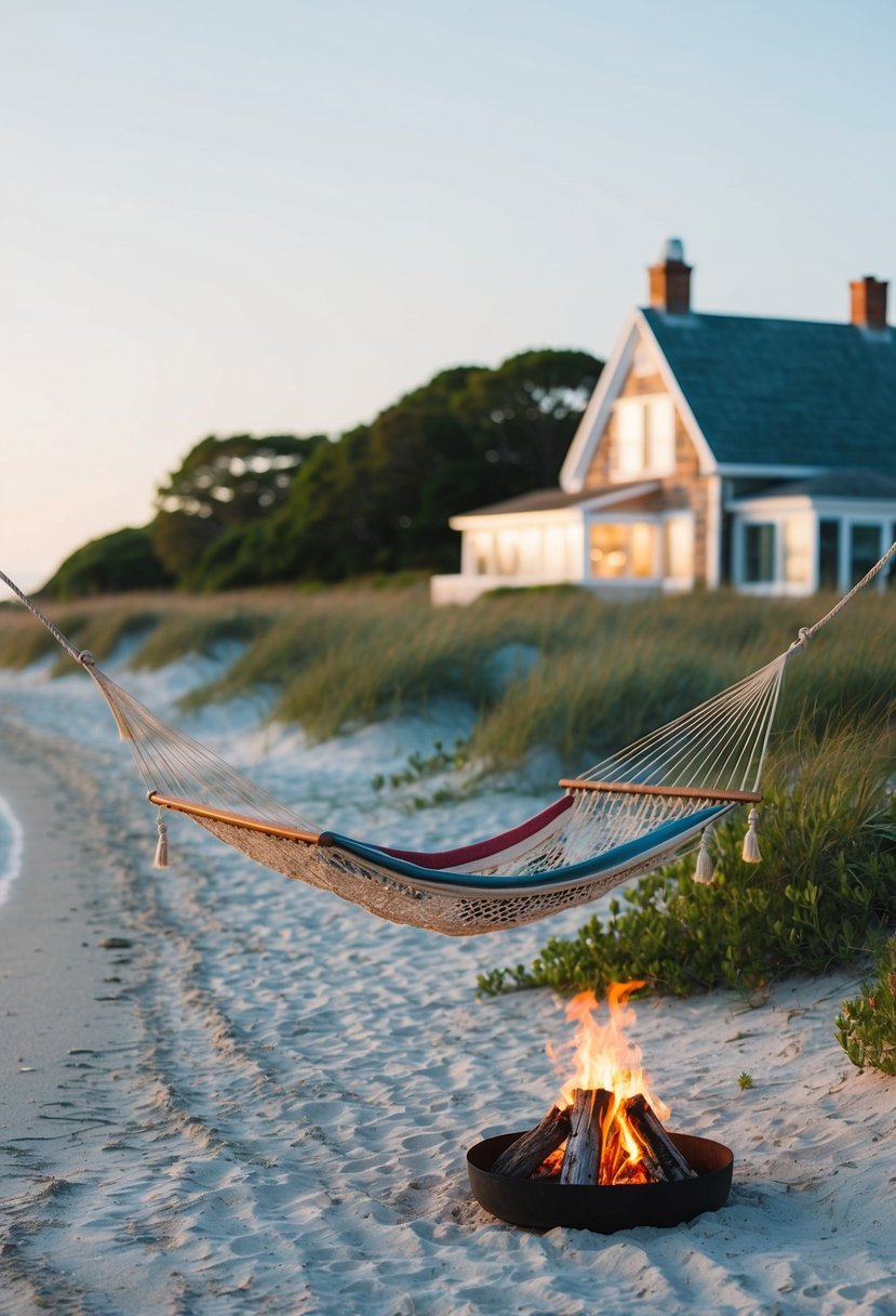 A cozy beachside cottage in Nantucket, with a hammock swaying in the breeze and a small bonfire crackling on the shore