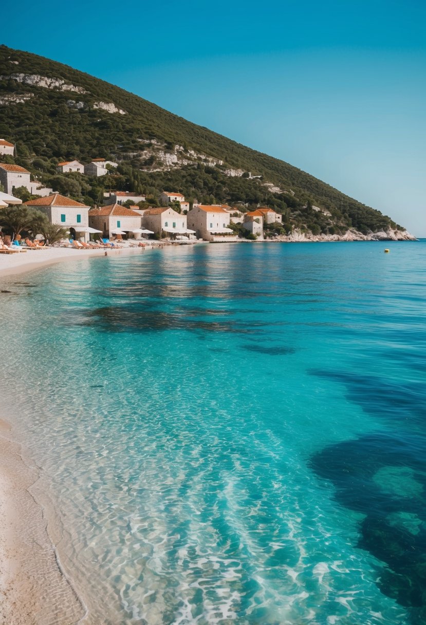A secluded beach in Hvar, Croatia, with crystal clear waters and a small, charming village nestled in the hills