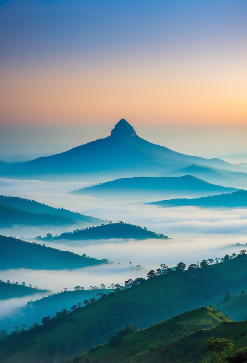 A serene mountain peak overlooks lush green valleys and misty forests in Kerala, creating a perfect honeymoon destination