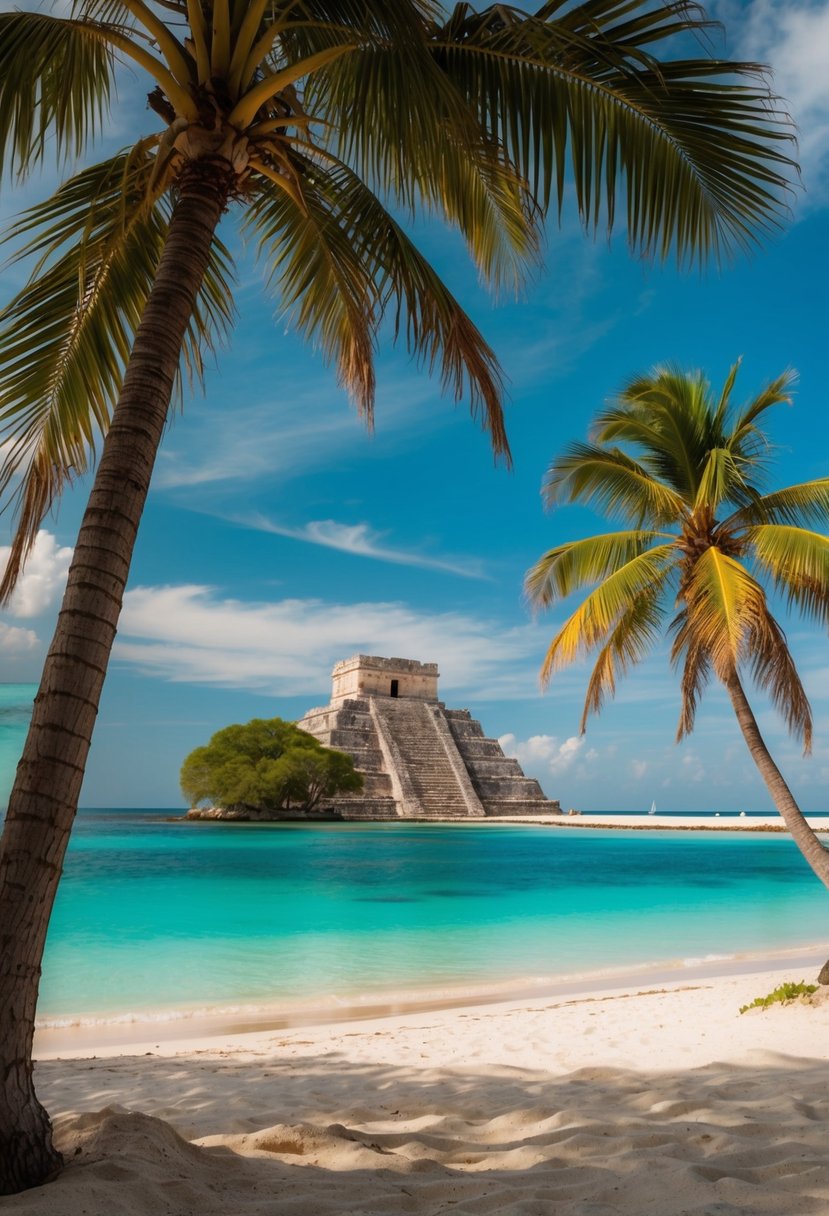 A secluded beach with palm trees, crystal-clear turquoise water, and a picturesque view of ancient Mayan ruins in Tulum, Mexico