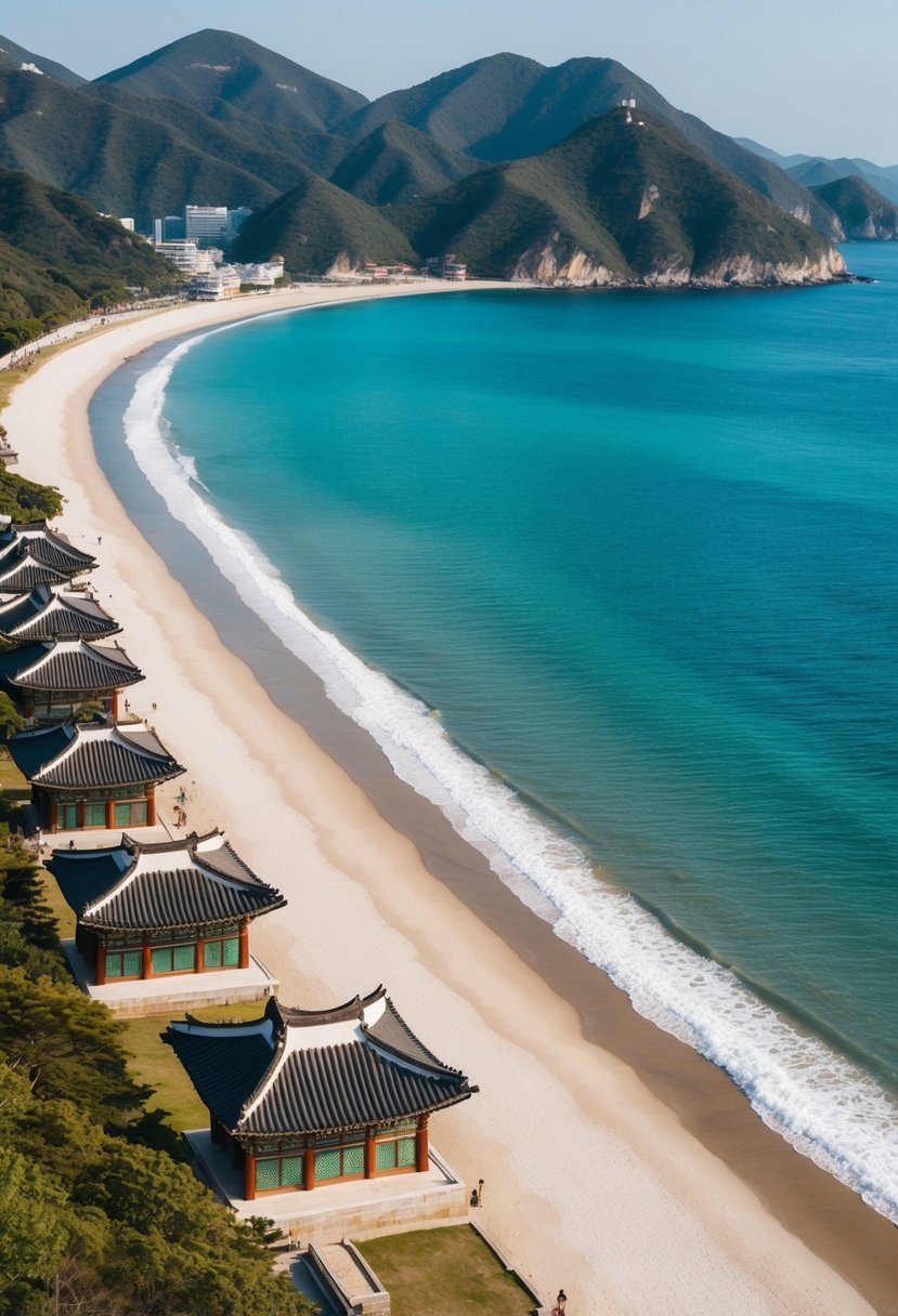 A serene beach with turquoise waters and white sand, surrounded by lush green mountains and traditional Korean architecture
