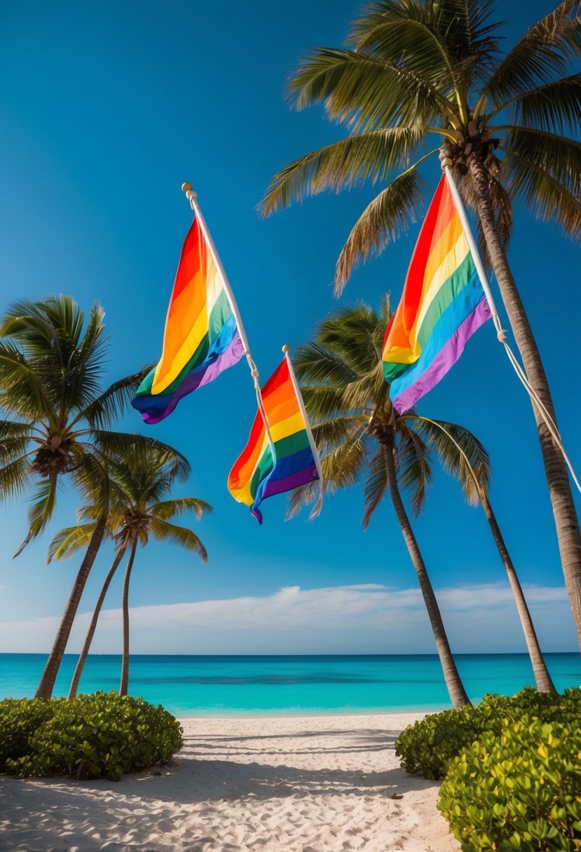 A picturesque beach with rainbow flags fluttering in the breeze, surrounded by palm trees and crystal-clear waters, perfect for an LGBTQ honeymoon