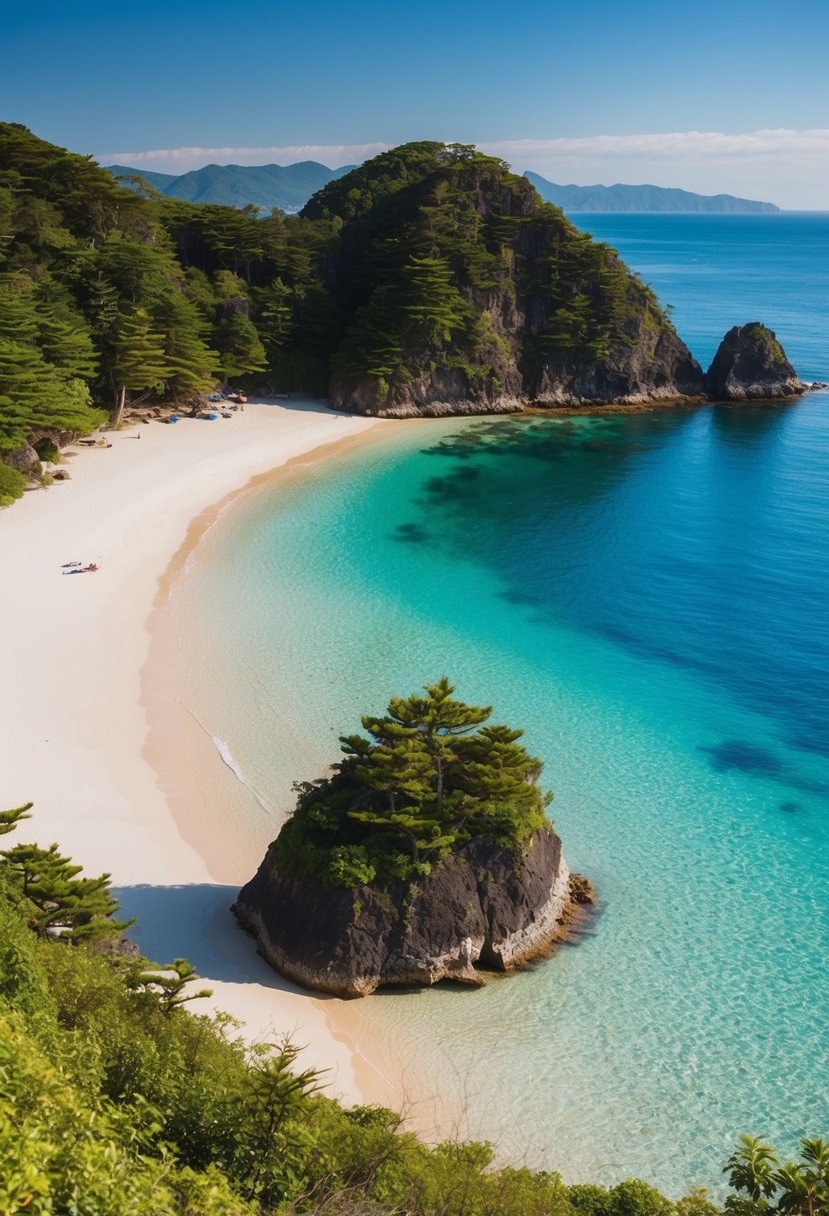 A serene beach with crystal clear waters, surrounded by lush greenery and volcanic rock formations on Jeju Island, South Korea