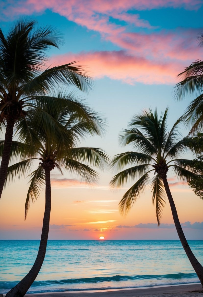A serene beach with palm trees, crystal clear water, and a colorful sunset in the background