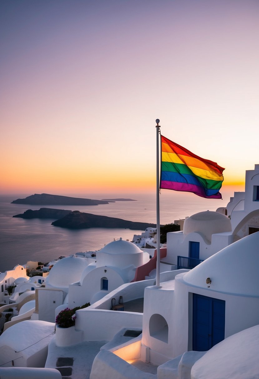 A picturesque sunset over the white-washed buildings of Santorini, with a rainbow flag flying proudly in the gentle breeze