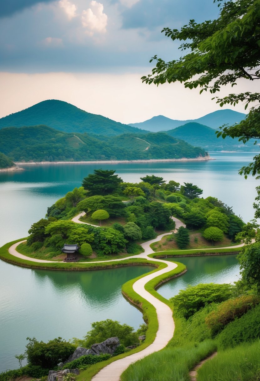 A serene island with lush greenery, winding paths, and tranquil waters, nestled in the heart of South Korea's picturesque countryside