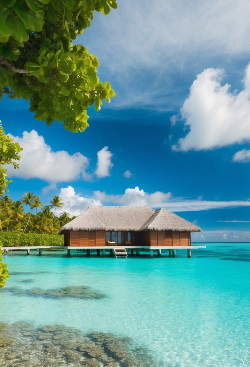A secluded overwater bungalow surrounded by crystal-clear turquoise waters and lush greenery on Bora Bora, French Polynesia
