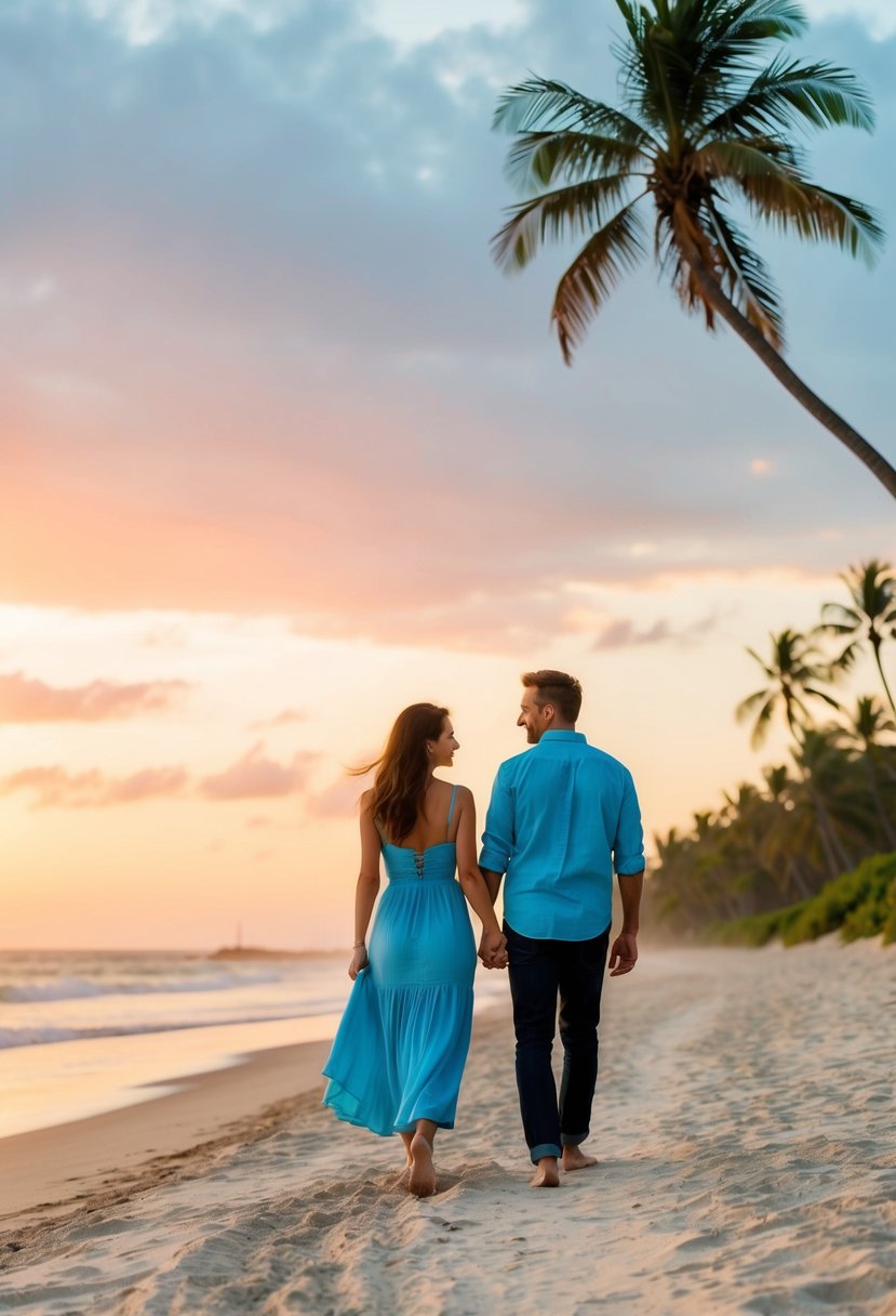 A couple strolling along a sandy beach at sunset, with palm trees and a colorful sky in the background
