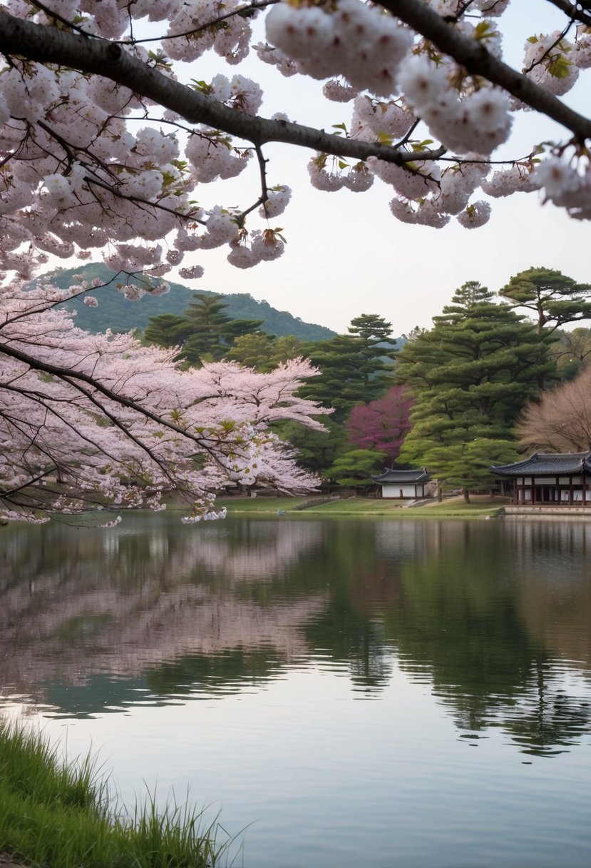 A serene lake surrounded by cherry blossom trees in Gyeongju, South Korea