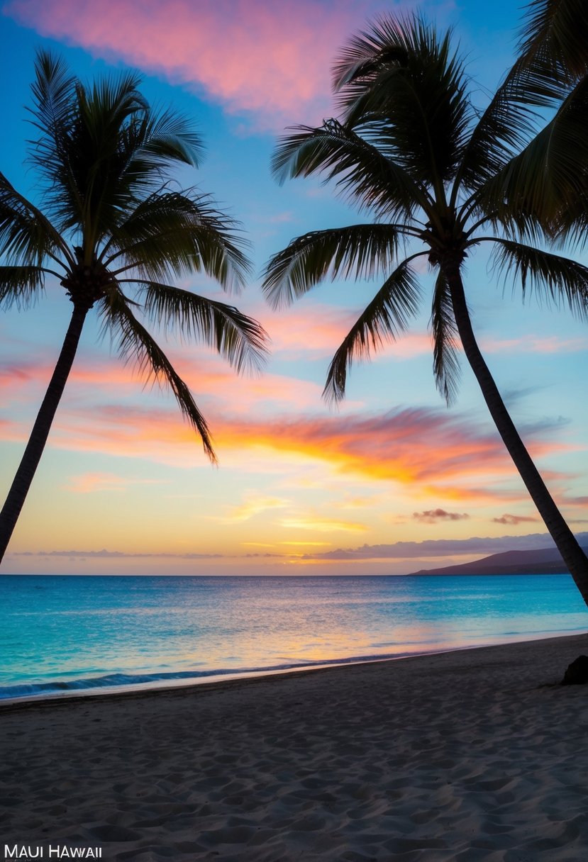 A serene beach at sunset with palm trees, clear blue water, and a colorful sky in Maui, Hawaii