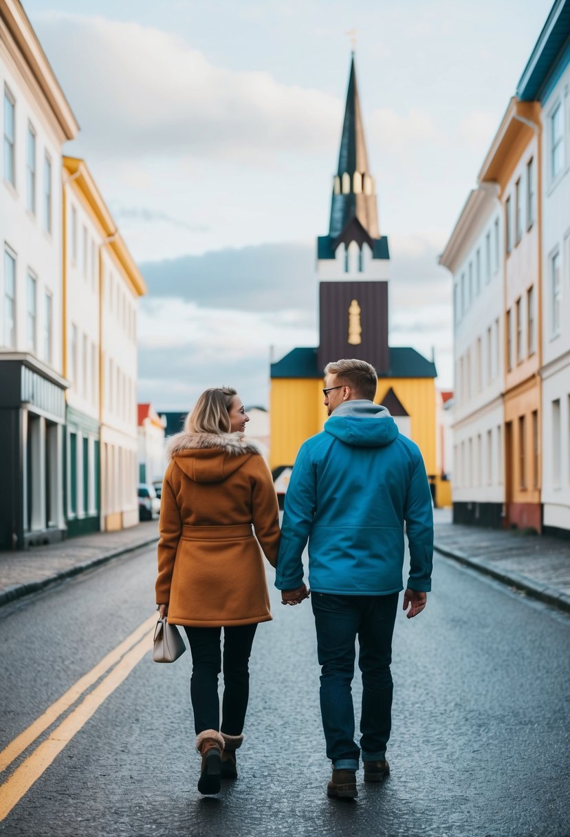 A couple walks hand in hand down a colorful street in Reykjavik, with the iconic Hallgrímskirkja church in the background