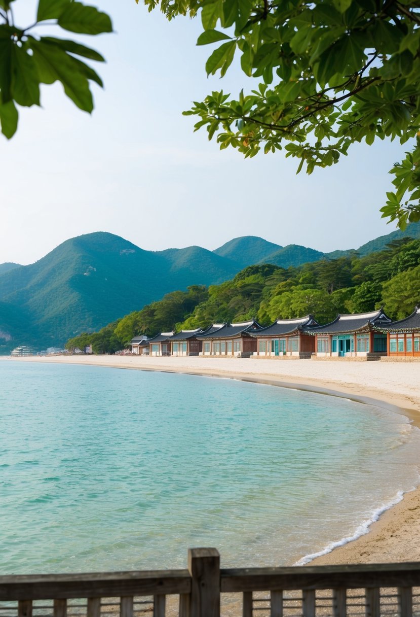 A serene beach with crystal-clear waters and soft white sand, framed by lush green mountains and colorful traditional Korean buildings