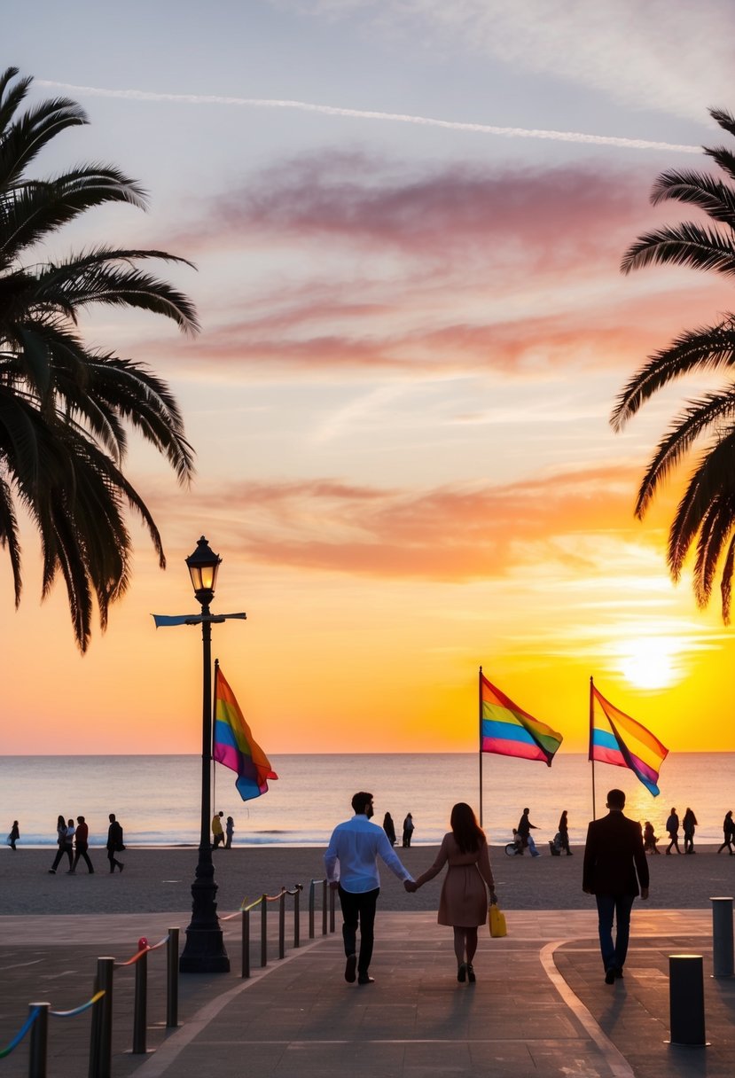 A colorful sunset over Barcelona's beachfront, with rainbow flags waving in the breeze and couples strolling hand in hand