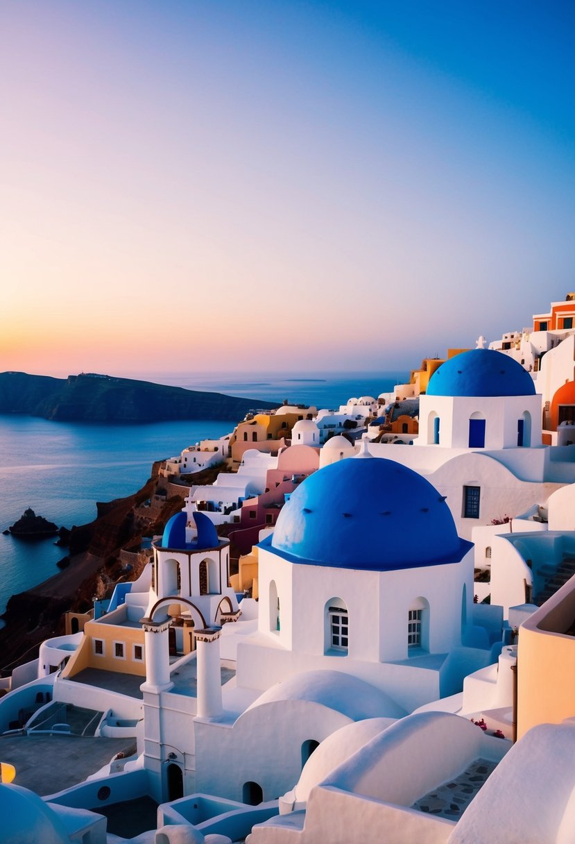 A picturesque sunset over the white-washed buildings of Santorini, with the iconic blue domes and crystal-clear waters in the background