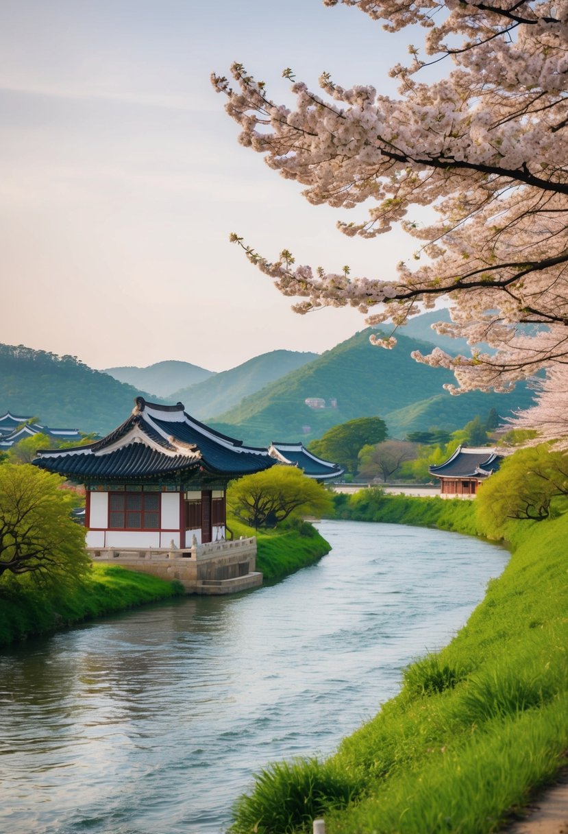 A serene river flowing through a lush, green landscape with traditional Korean architecture and cherry blossom trees in the background