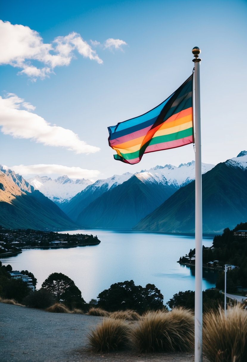 A scenic view of Queenstown, New Zealand with a rainbow flag flying high, surrounded by majestic mountains and a serene lake
