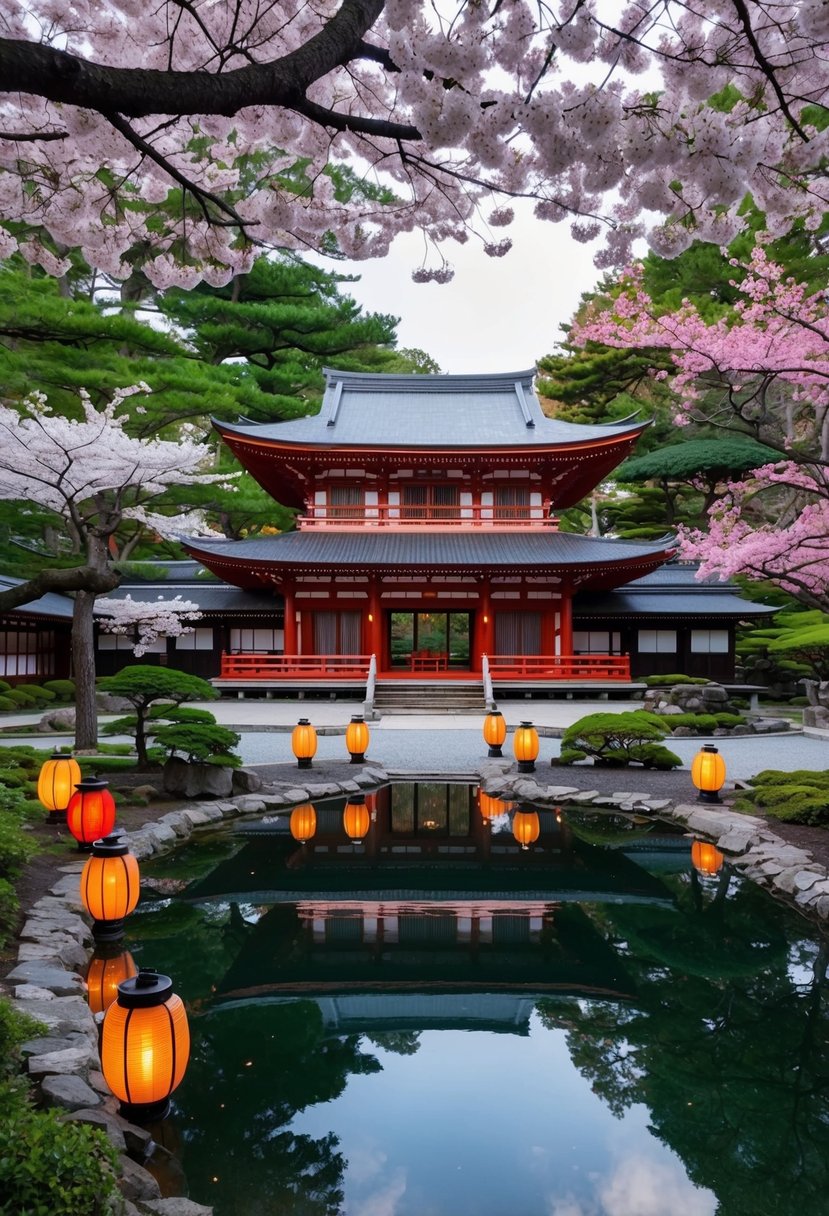 A serene Kyoto temple garden with cherry blossoms and a traditional tea house, surrounded by colorful lanterns and a tranquil pond