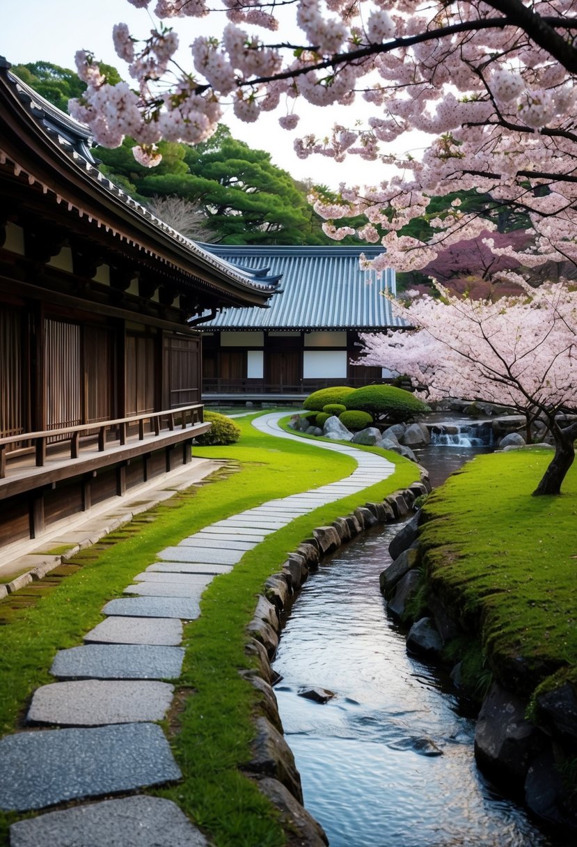 A serene Kyoto garden with traditional wooden buildings and a winding stone path. Cherry blossoms bloom, and a peaceful river flows nearby