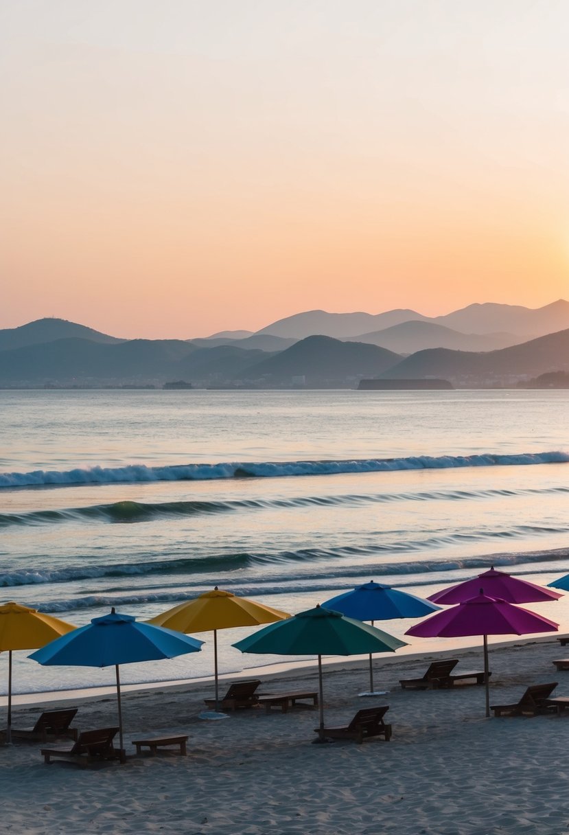 A serene beach at sunset with colorful umbrellas, calm waves, and distant mountains in Gangneung, South Korea