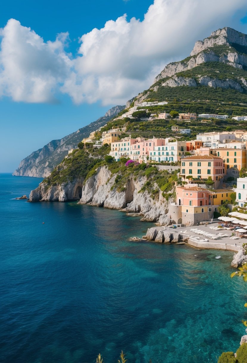 A scenic view of the rugged coastline of Capri, Italy, with colorful buildings and lush greenery overlooking the crystal-clear waters of the Mediterranean Sea