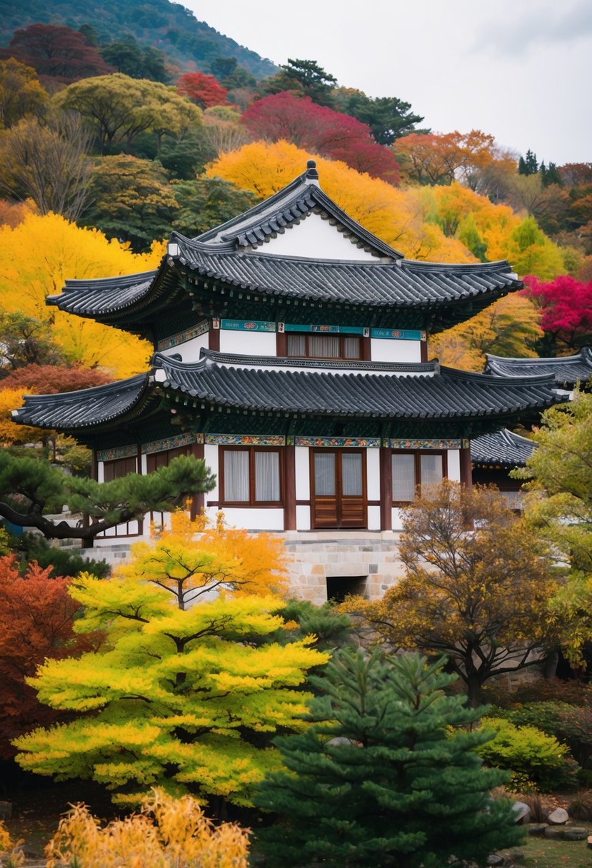 A serene traditional Korean hanok house nestled among colorful autumn foliage in Jeonju, South Korea