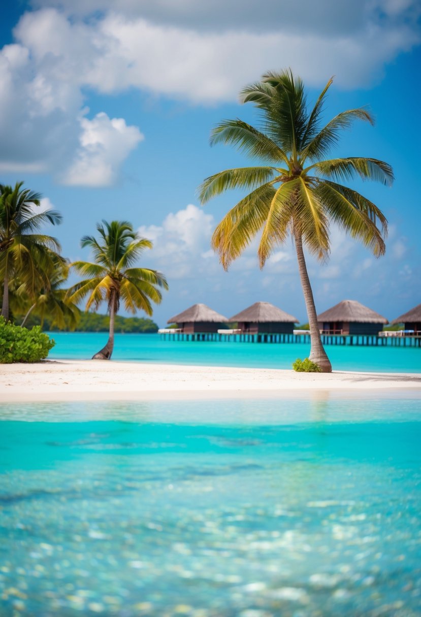 A serene beach with crystal-clear turquoise water, palm trees, and overwater bungalows in the distance