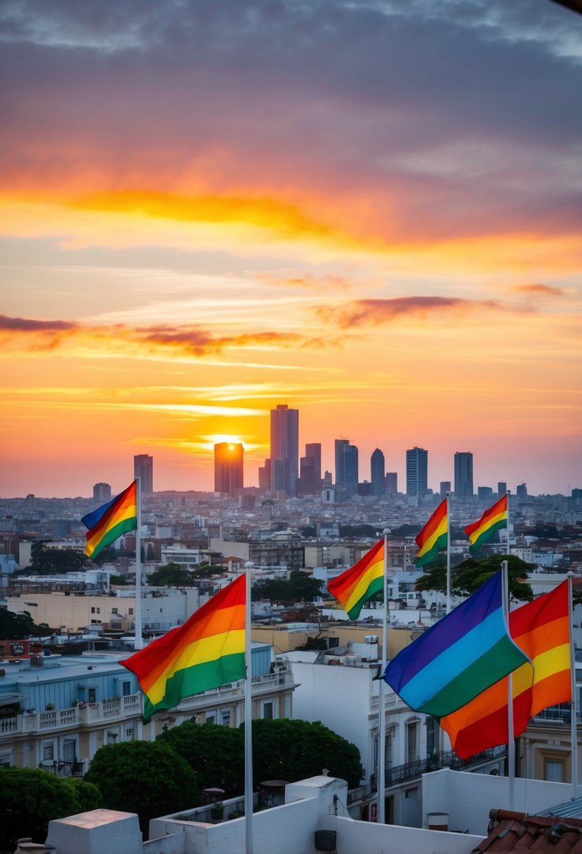 A colorful sunset over the Buenos Aires skyline with rainbow flags flying from rooftops and balconies