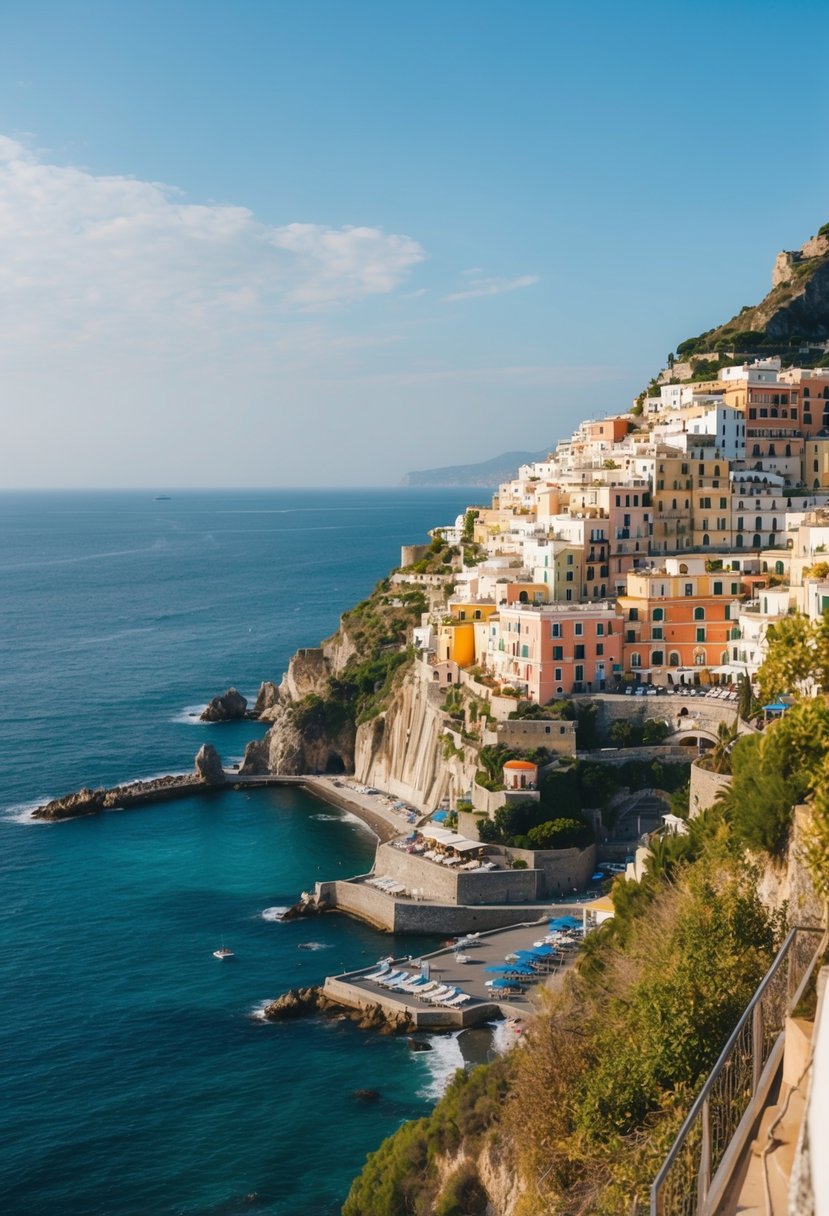A seaside cliff overlooking the Amalfi Coast, with colorful buildings cascading down the hillside and a sparkling blue sea stretching out to the horizon