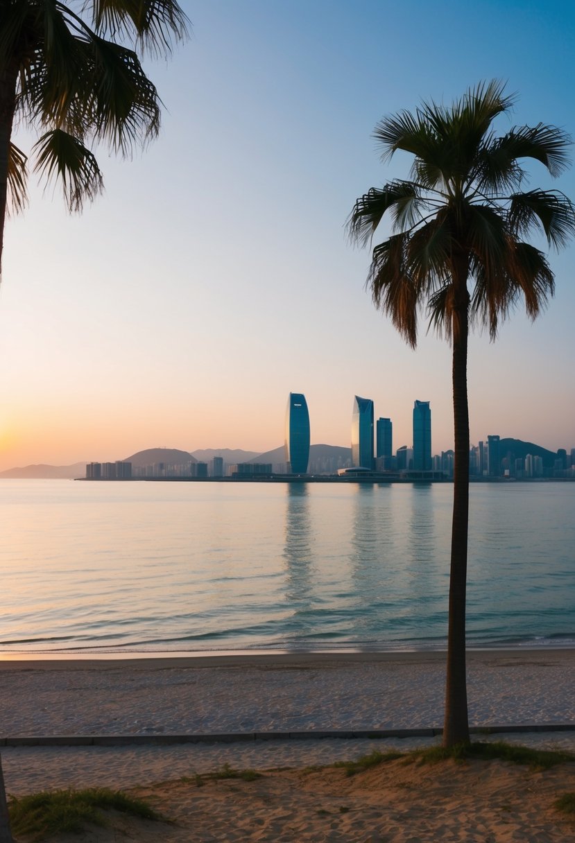 A serene beach at sunset, with palm trees and a calm ocean, overlooking the city skyline of Incheon, South Korea