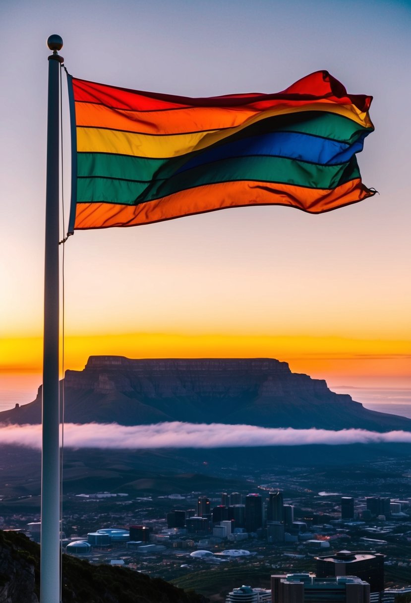 A vibrant sunset over Table Mountain with a rainbow flag flying in the breeze