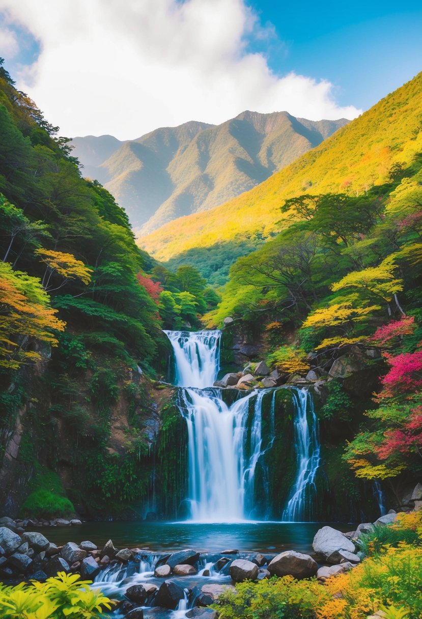 Lush green mountains with cascading waterfalls and colorful foliage in Seoraksan National Park, South Korea