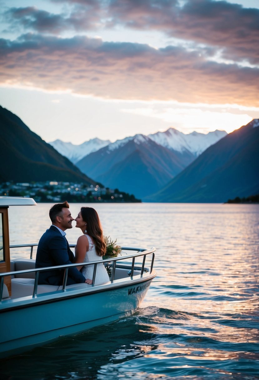 A couple enjoys a romantic sunset cruise on Lake Wakatipu, surrounded by the stunning mountains and serene waters of Queenstown, New Zealand